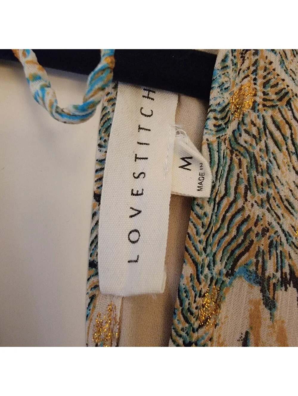 Lovestitch Boho Mini Dress Open Back Gold Foil Split Sleeve Smocked Blue M